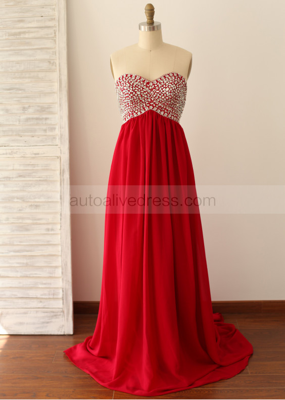 Strapless Sweetheart Red Chiffon Crystals Prom Dress
